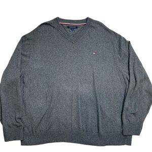 Tommy Hilfiger Gray Long Sleeve Embroidered Logo V Neck Sweater Size 3XL Preppy